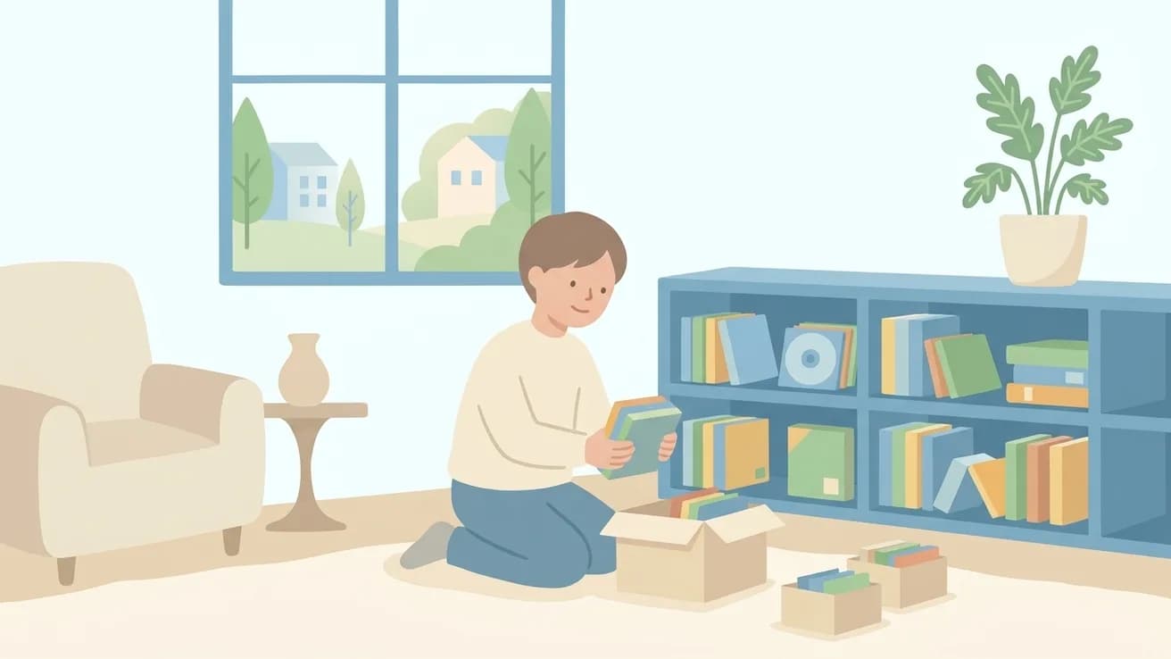 男性がCDやゲームソフトを仕分けて箱に詰めているイラスト