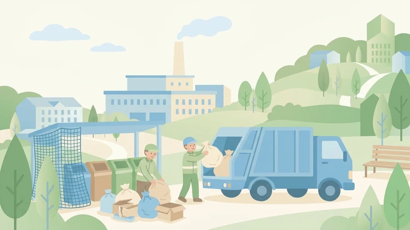 作業員がごみ収集車にごみ袋を積み込んでいるイラスト