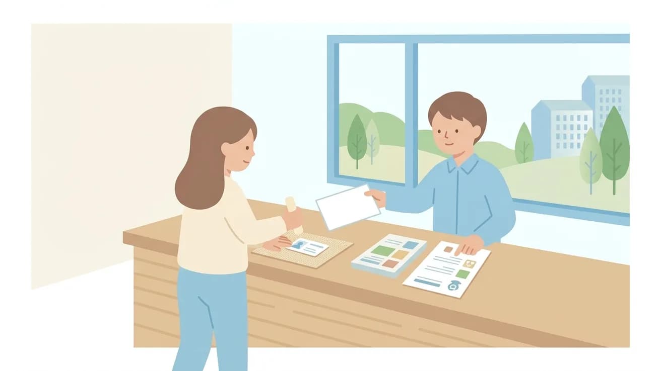 窓口で住民が印鑑と身分証を提示し職員が印鑑登録の受付をしているイラスト