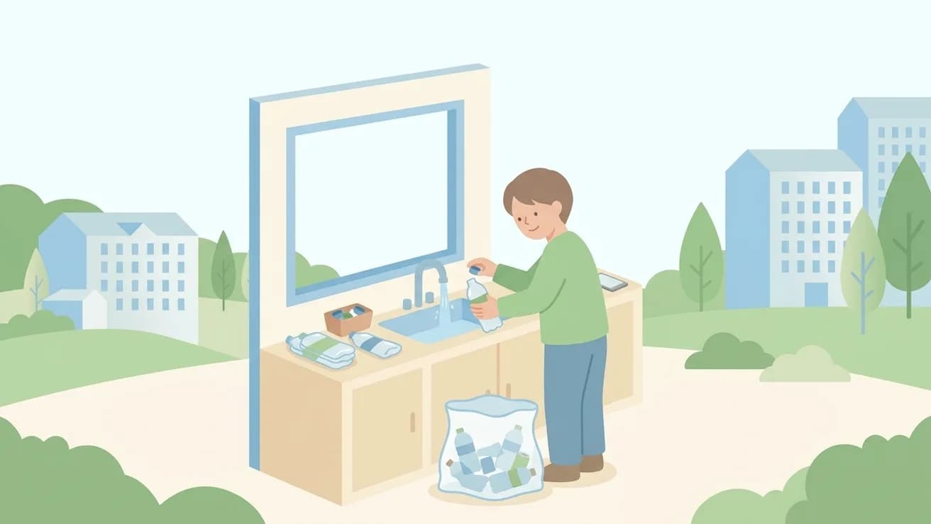 台所でペットボトルのキャップとラベルを外し、すすいでつぶす準備をしている男性のイラスト