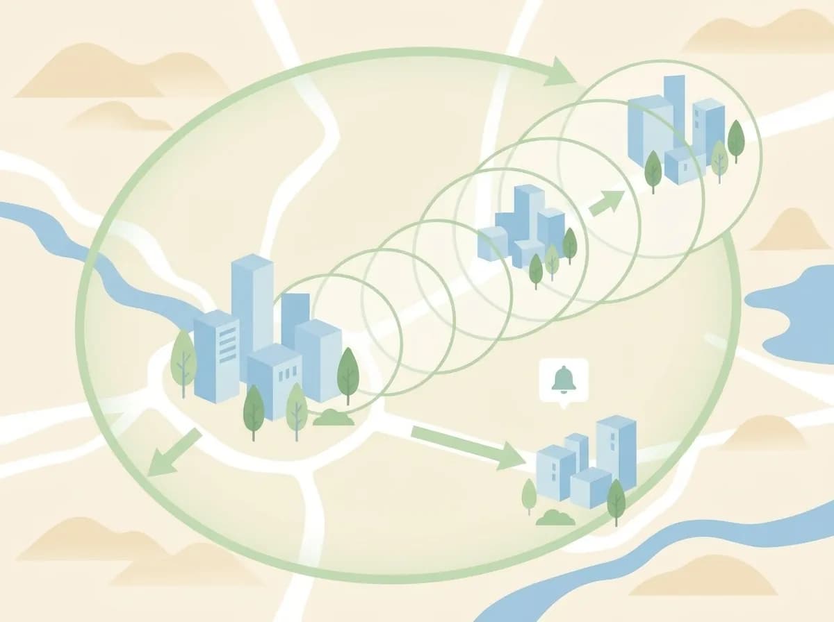 地図の上でエリアが街から街へ広がっていく様子のイラスト