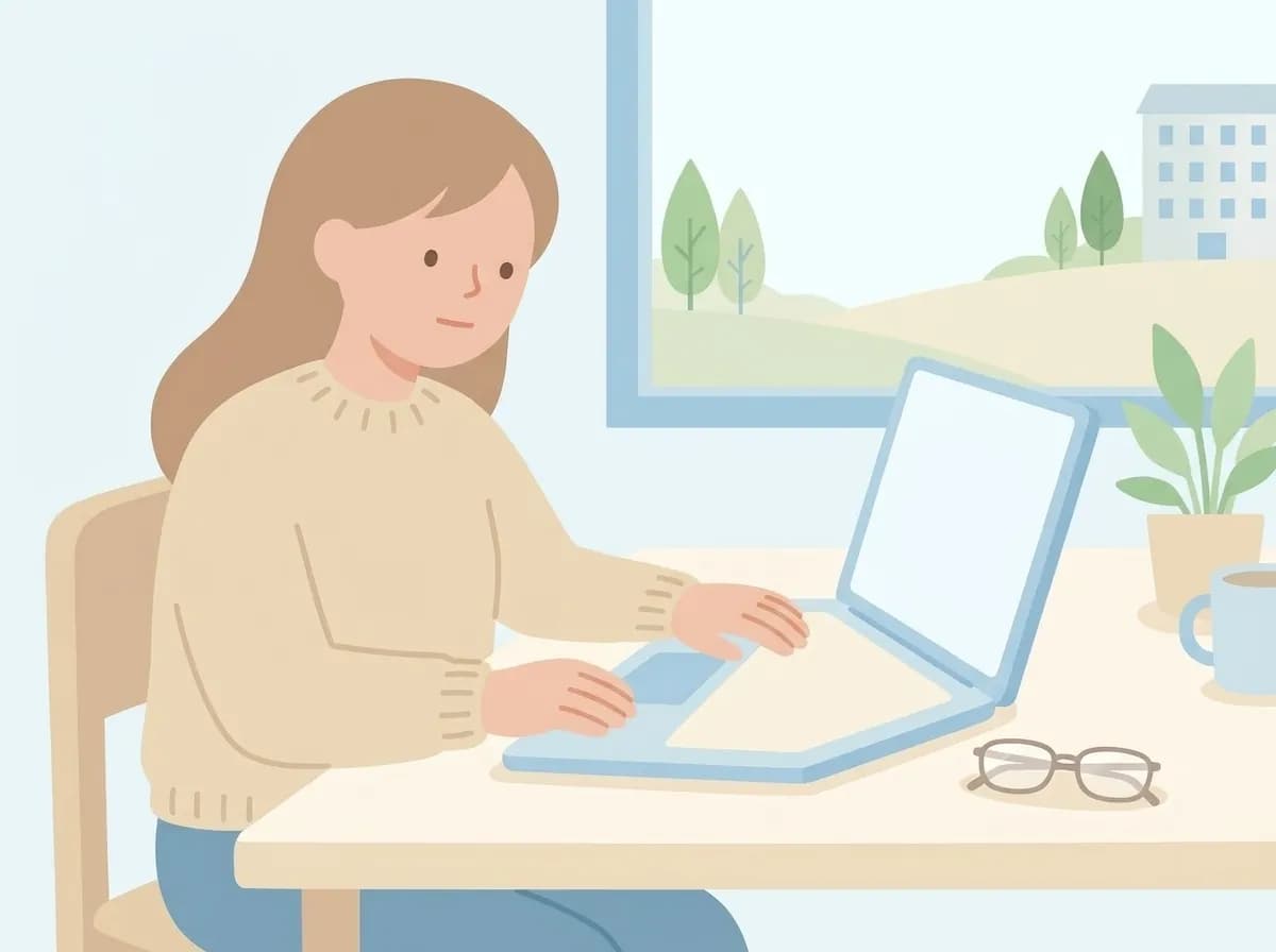 ノートパソコンの画面を見ながら丁寧に確認している人物のイラスト