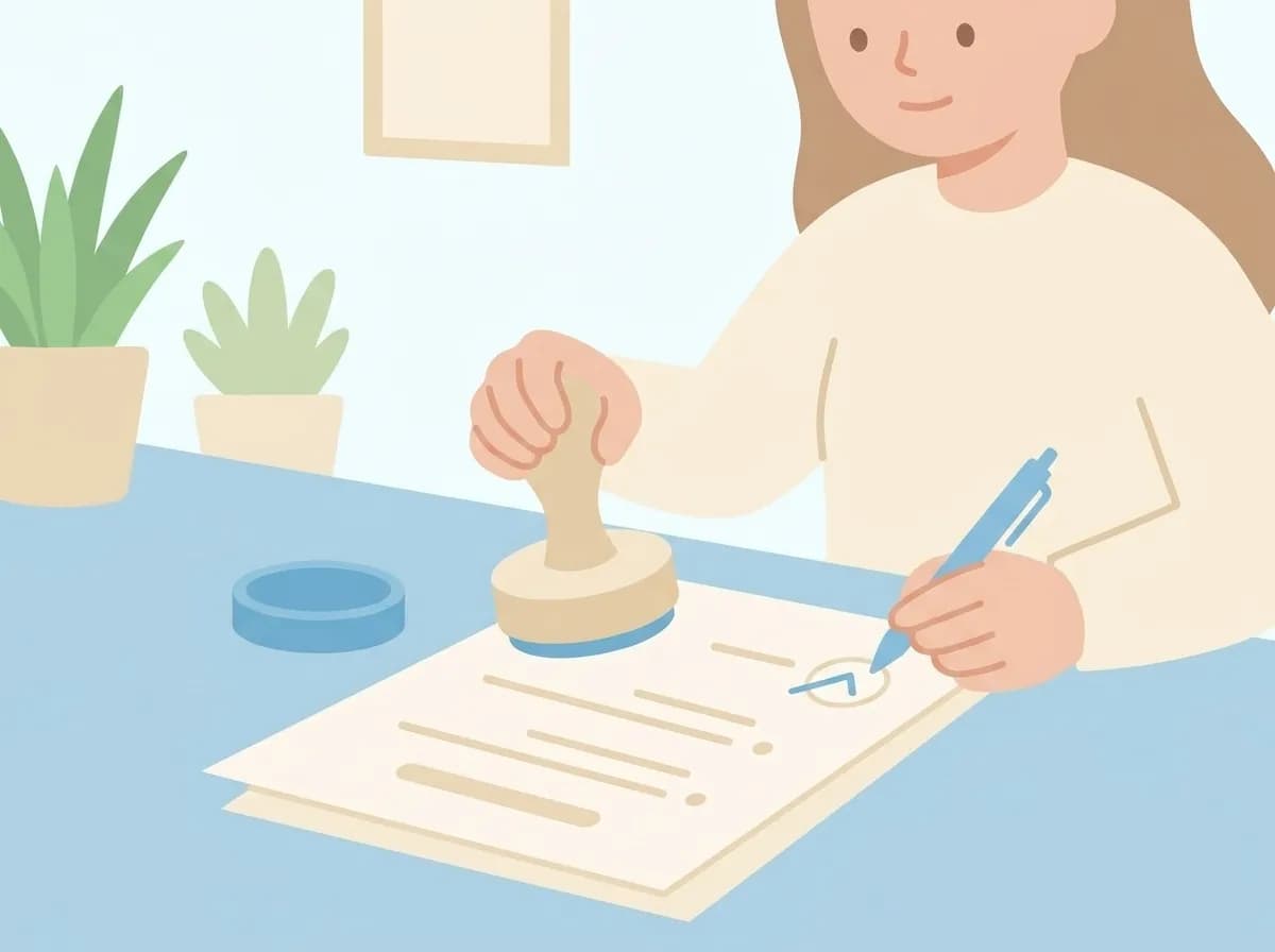 書類にスタンプとチェックマークを押している人物のイラスト