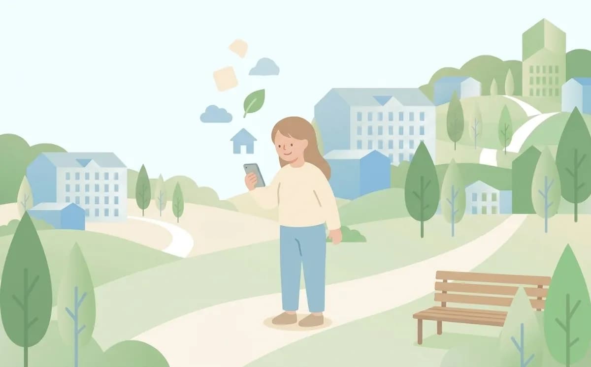 スマートフォンを見て表情が明るくなり、街のアイコンが画面から浮かび上がる人物のイラスト