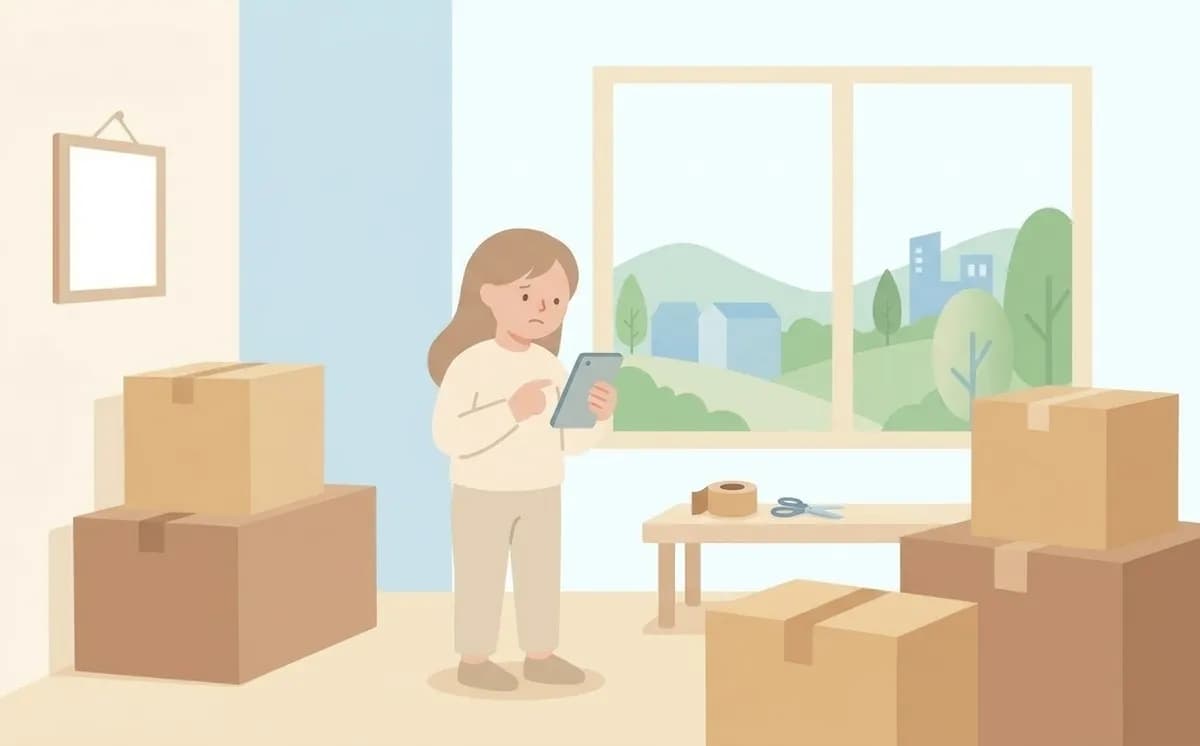引っ越し直後、段ボールに囲まれながらスマートフォンを見て困っている人物のイラスト