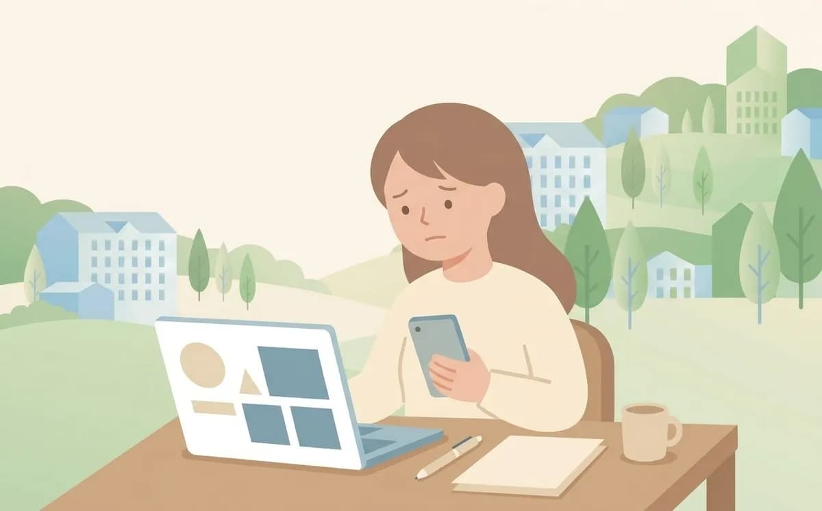 ノートパソコンとスマートフォンを見比べながら考え込む人物のイラスト