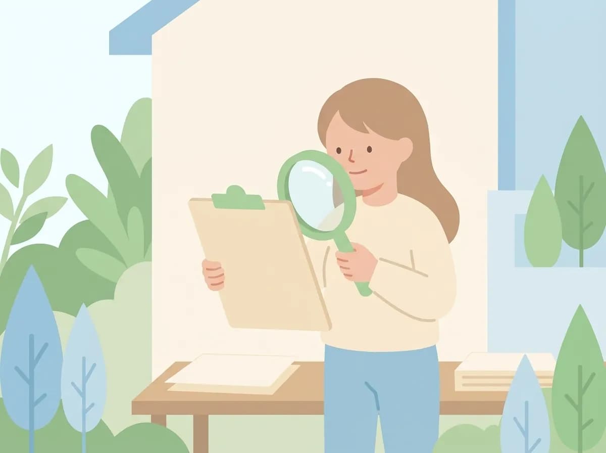 虫眼鏡で書類をよく確認している人物のイラスト
