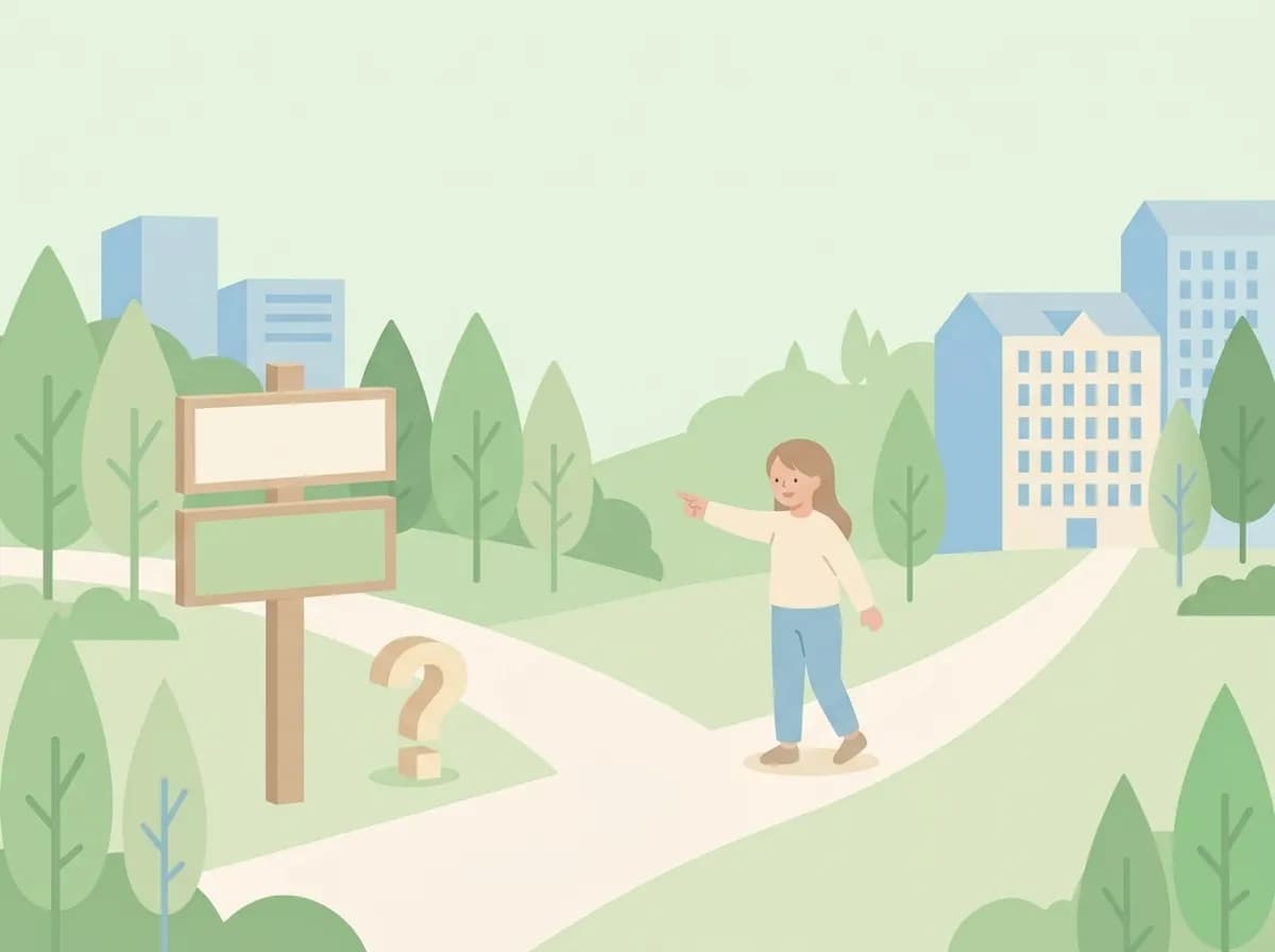 分かれ道の道標を指し示している人物のイラスト