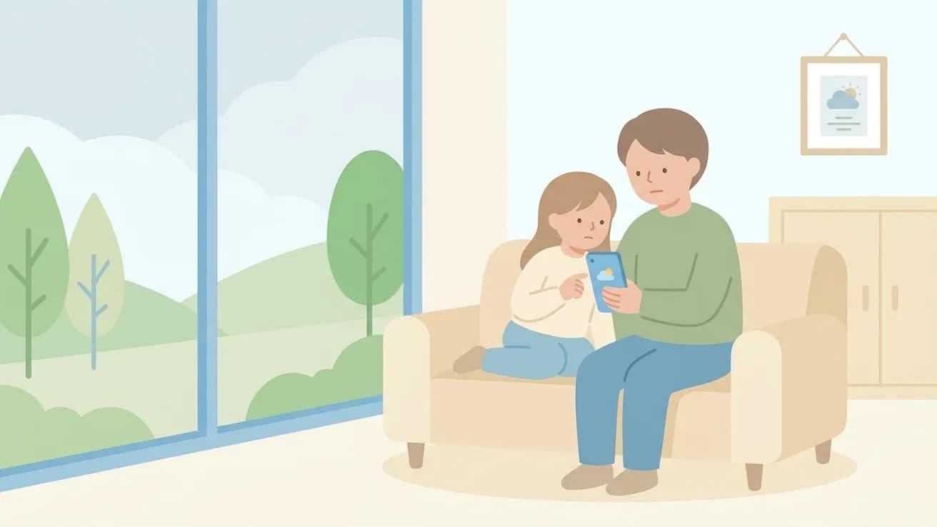 家族がスマートフォンの防災情報を見ながら空模様を気にしているイラスト