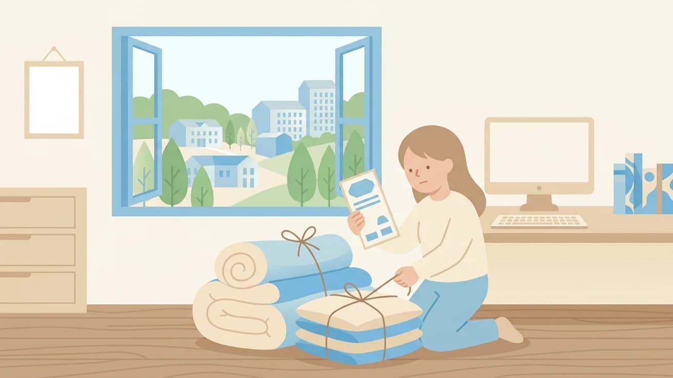 女性が布団と座布団を紐で縛りながら粗大ごみシールを確認しているイラスト