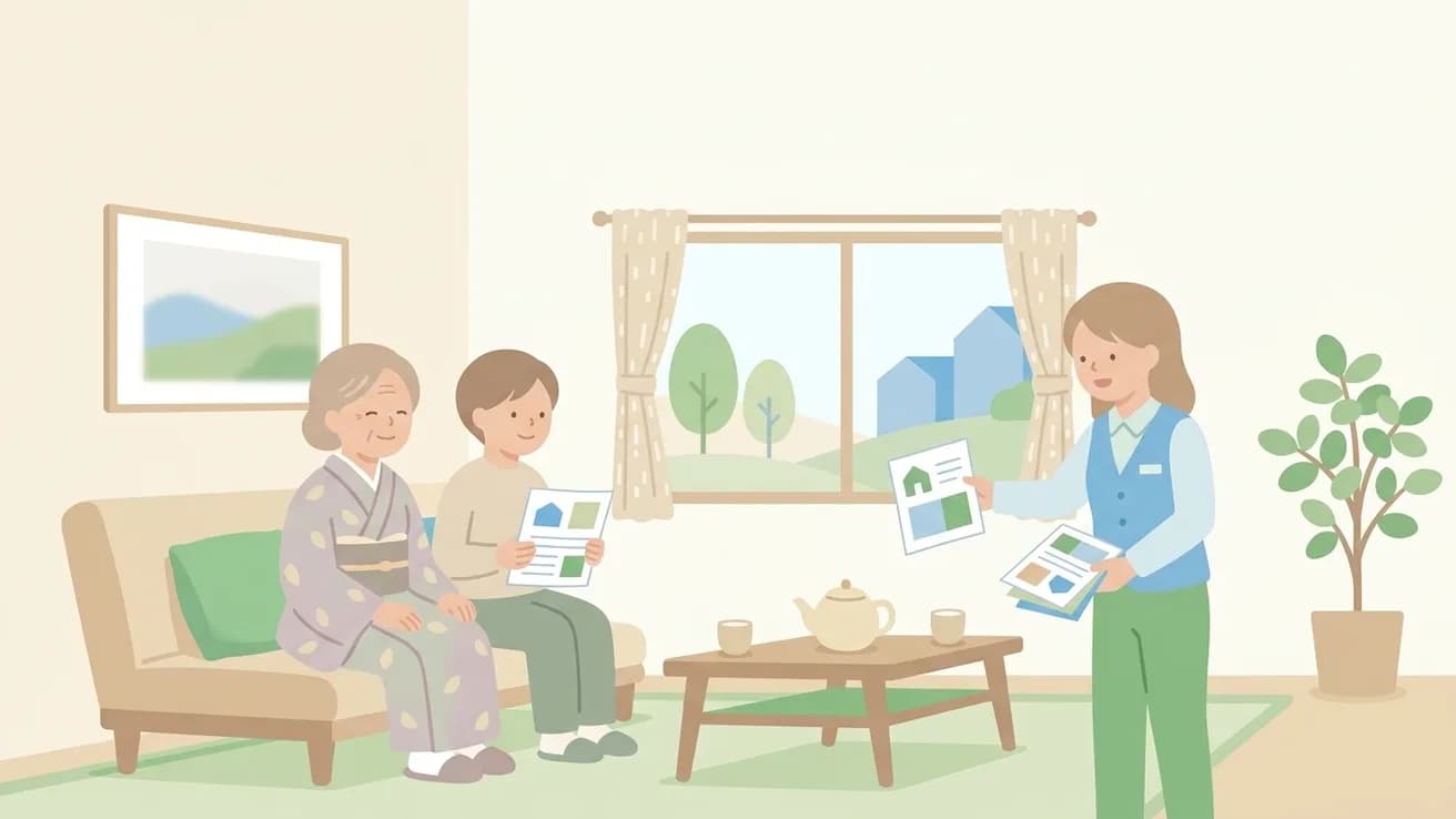 高齢の女性と家族が地域の担当者から説明を受けているイラスト