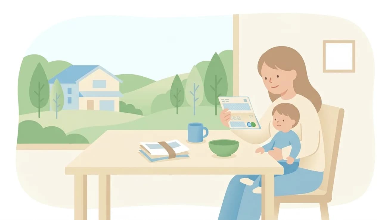 母親が子どもを膝に乗せながら通帳を見て微笑んでいるイラスト