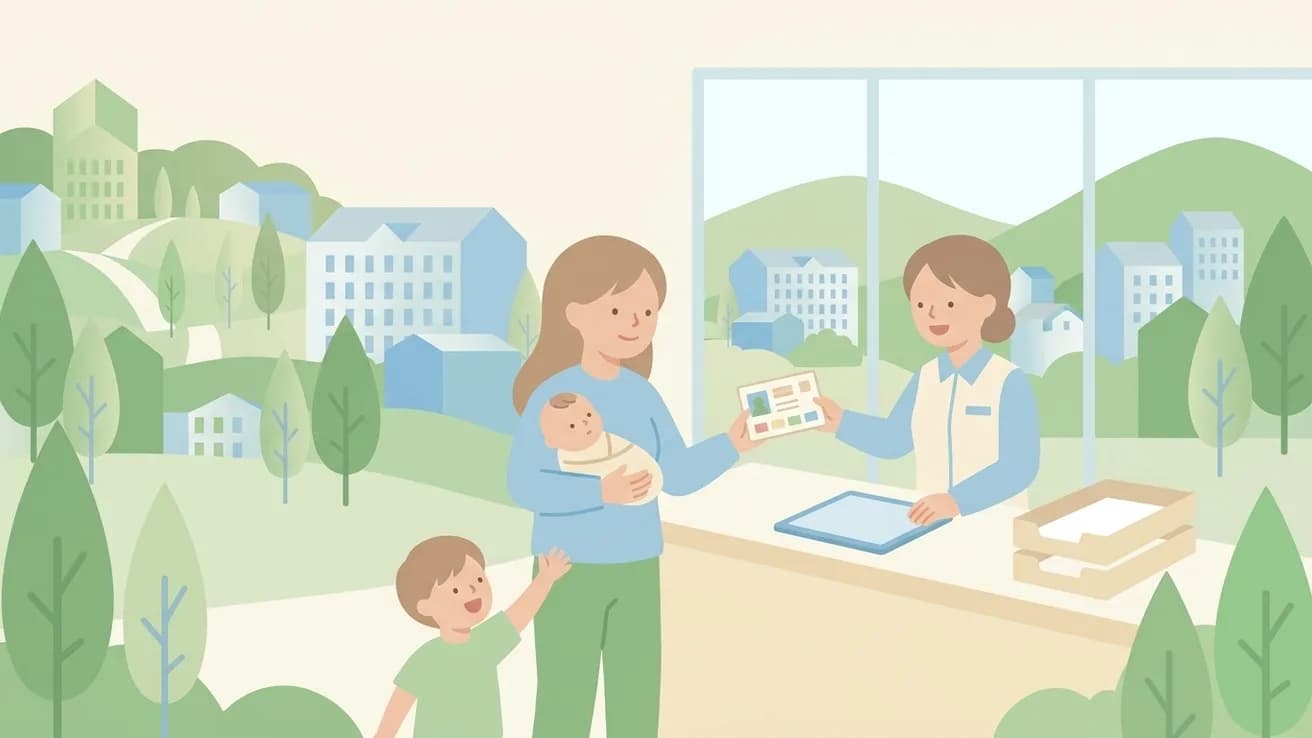 自治体の窓口で親子が子ども医療証を受け取っているイラスト