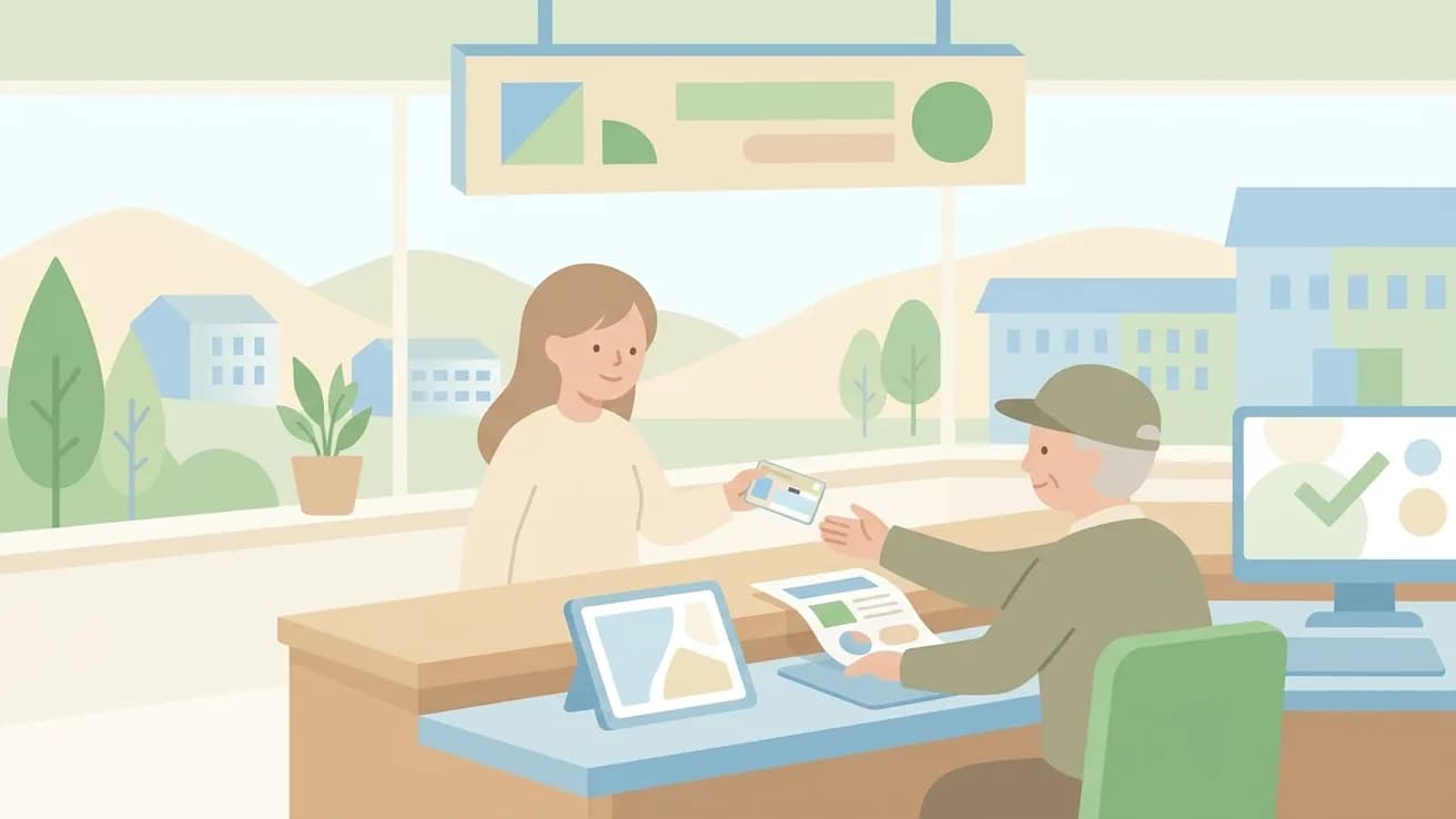 自治体窓口でマイナンバーカードの更新手続きをする住民のイラスト