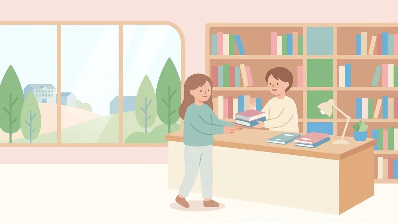 図書館のカウンターで利用者が職員から本を受け取っているイラスト
