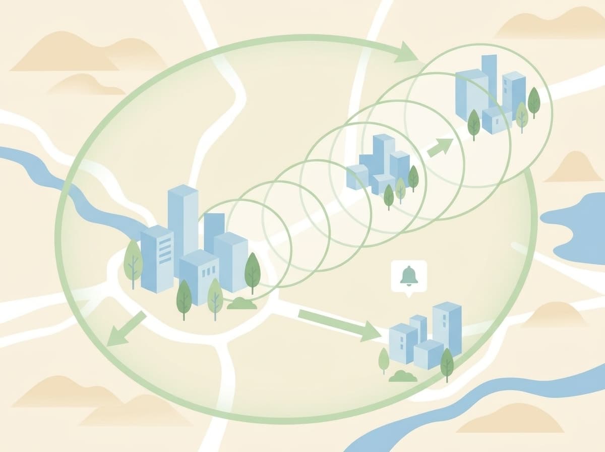 地図の上でエリアが街から街へ広がっていく様子のイラスト