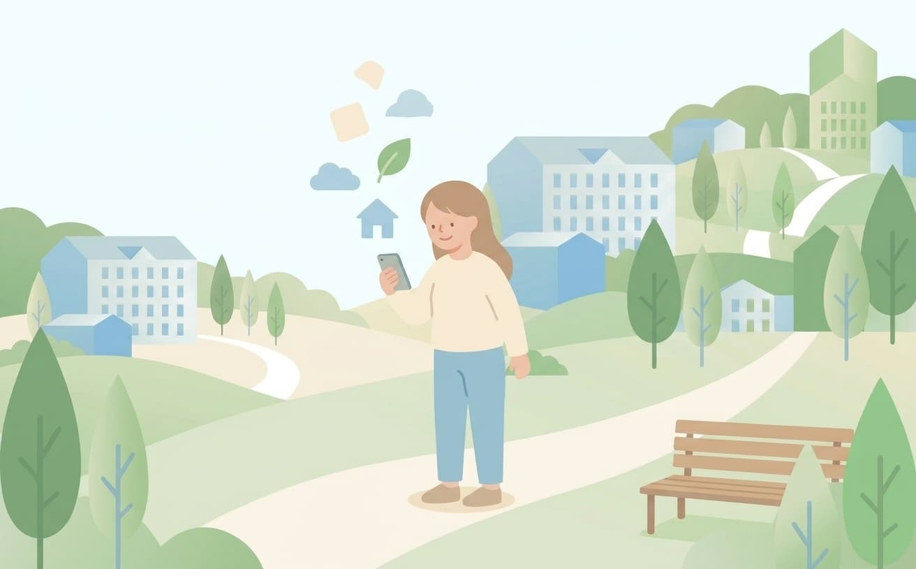 スマートフォンを見て表情が明るくなり、街のアイコンが画面から浮かび上がる人物のイラスト
