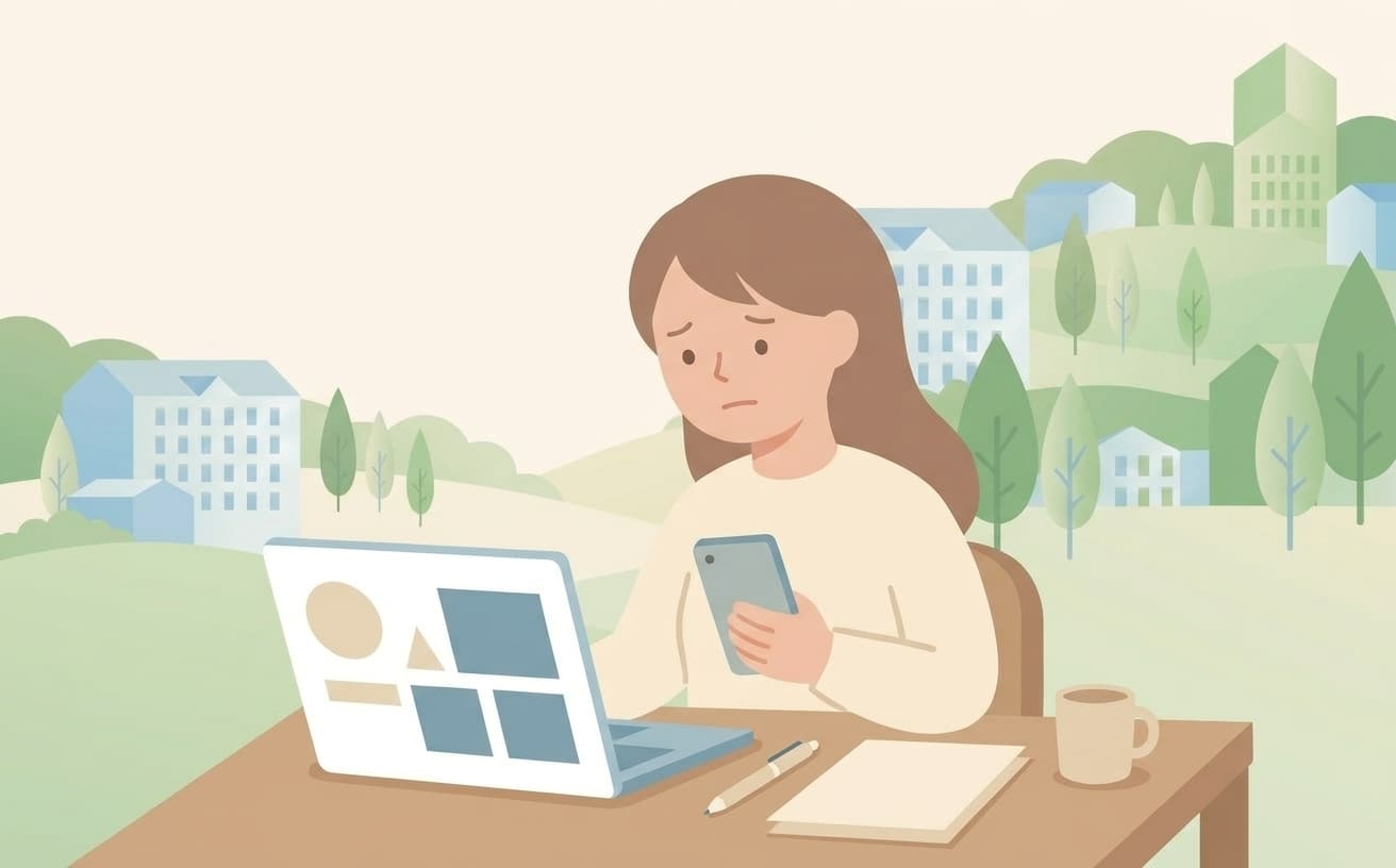 ノートパソコンとスマートフォンを見比べながら考え込む人物のイラスト