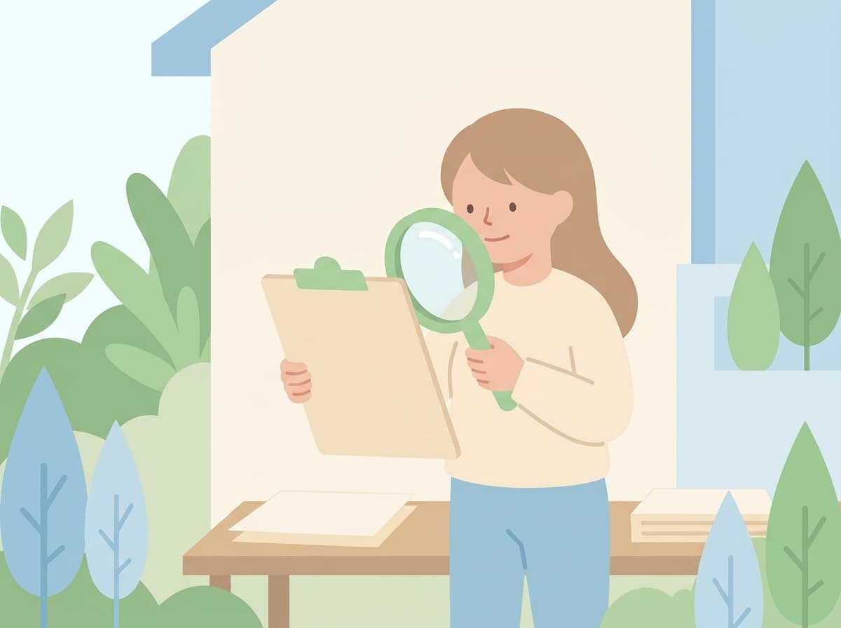 虫眼鏡で書類をよく確認している人物のイラスト