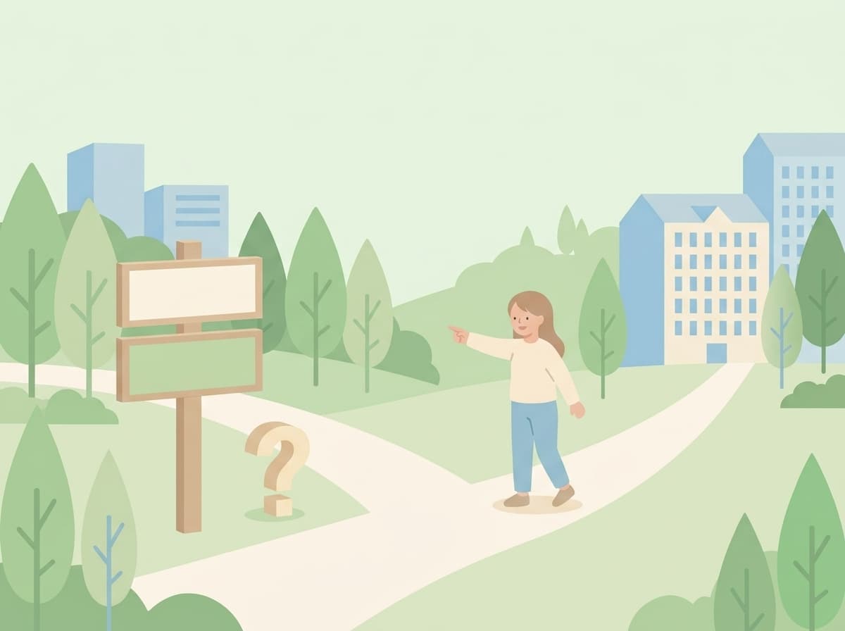 分かれ道の道標を指し示している人物のイラスト