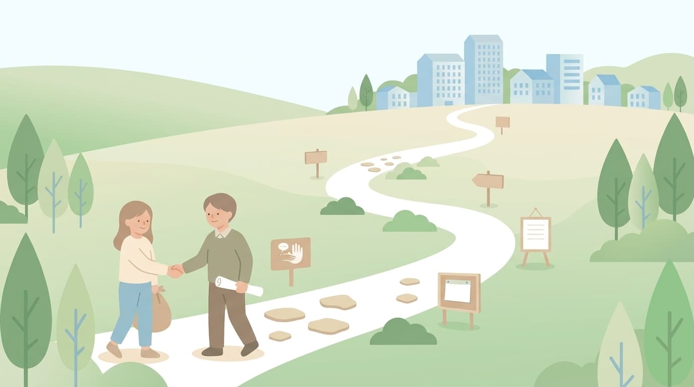 住民とスタッフが握手を交わし、街へ続く道を一緒に歩き出しているイラスト